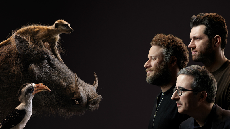 Billy Eichner, Seth Rogen, and John Oliver as Timon, Pumbaa, and Zazu